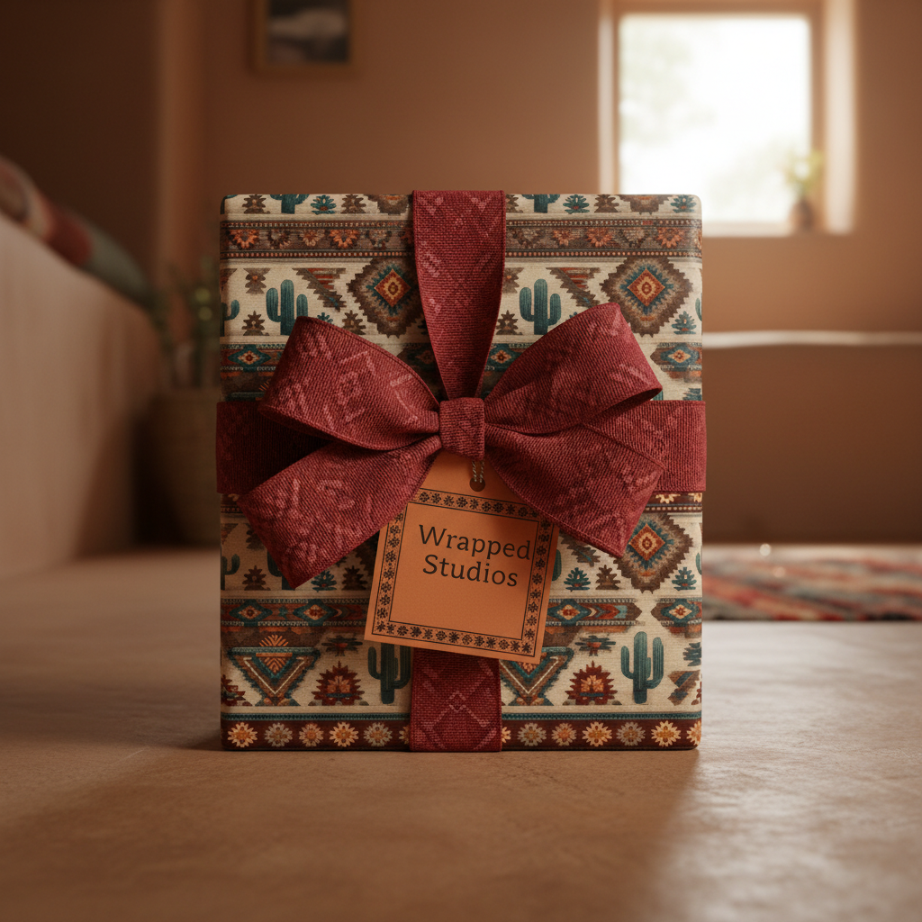 Geometric southwestern wrapping paper with cactus print and rust-colored bow for birthday gifts.