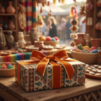 Rustic wrapping paper with a Southwest pattern and burnt orange velvet ribbon, perfect for a special occasion.