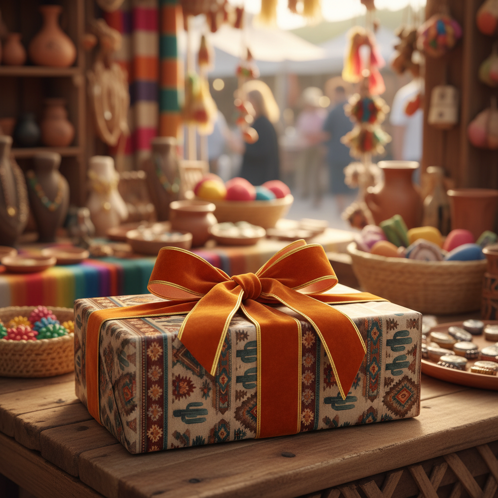 Rustic wrapping paper with a Southwest pattern and burnt orange velvet ribbon, perfect for a special occasion.