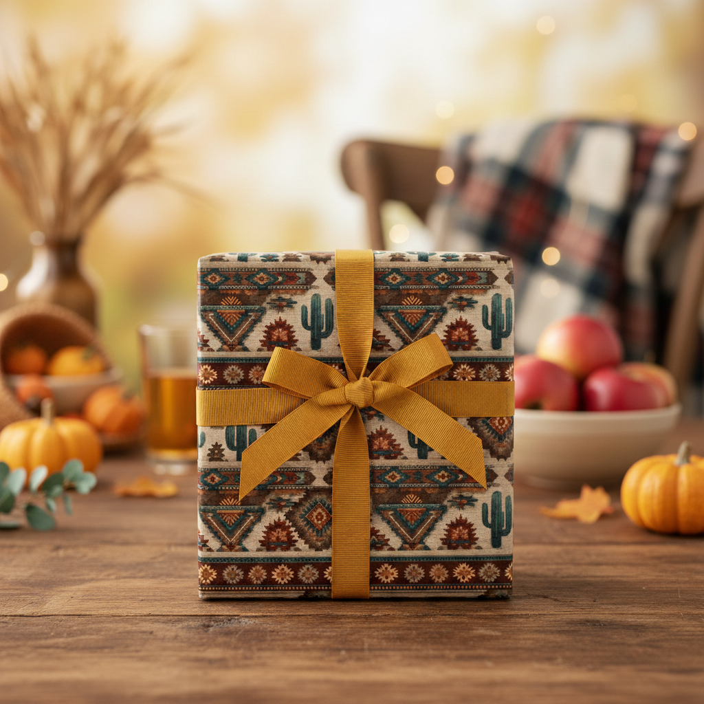 Rustic autumn gift: square box wrapped in southwestern-style paper with cactus design, tied with a gold ribbon.