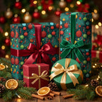 Elegant Christmas gift wrap with ornament pattern and velvet ribbons. Wrapped Studios.