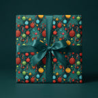 Square gift wrapped in festive Christmas tree, ornament, and candy cane paper with satin ribbon.