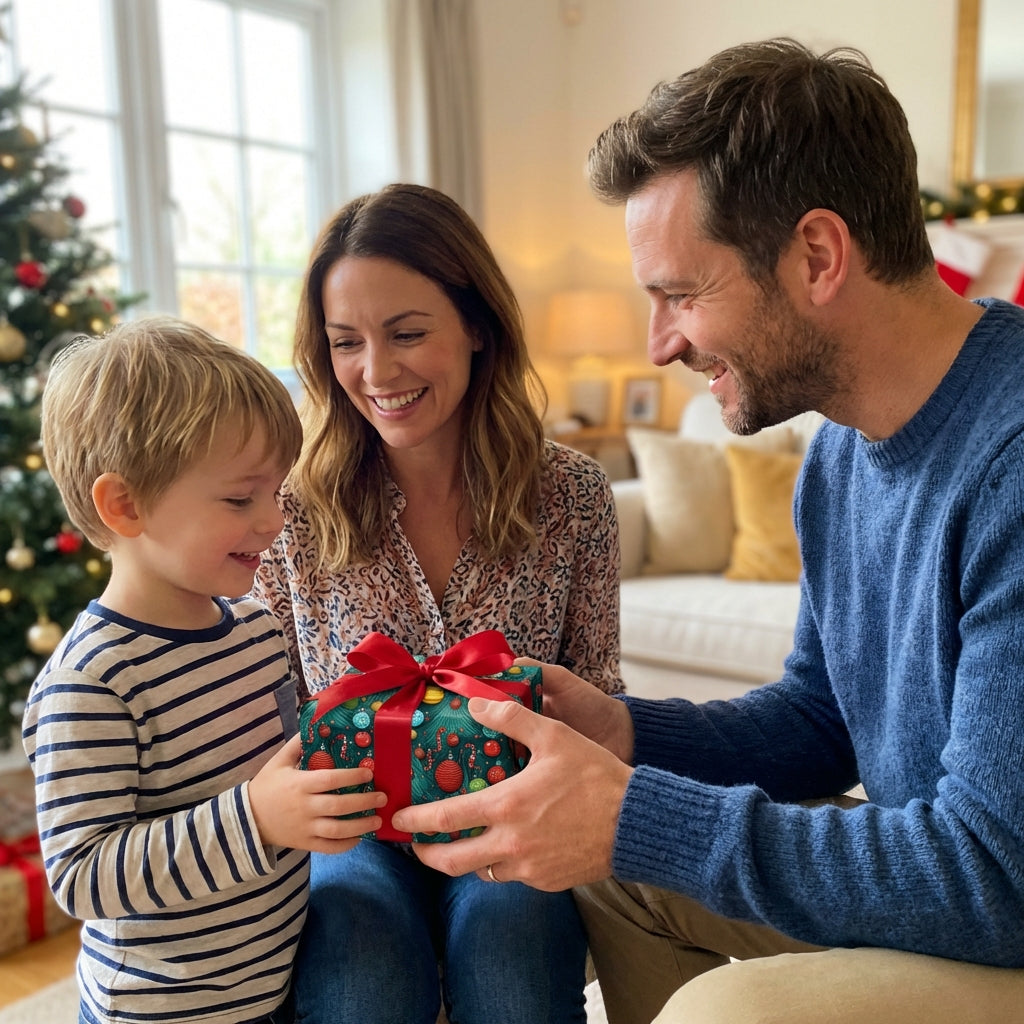 Family exchanging a gift wrapped in fun Christmas wrapping paper with red ribbon.