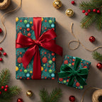 Christmas gift wrap with ornament & candy cane pattern, topped with red & green bows.