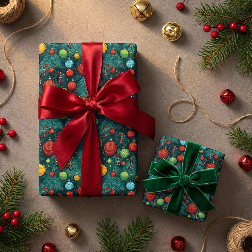 Christmas gift wrap with ornament & candy cane pattern, topped with red & green bows.