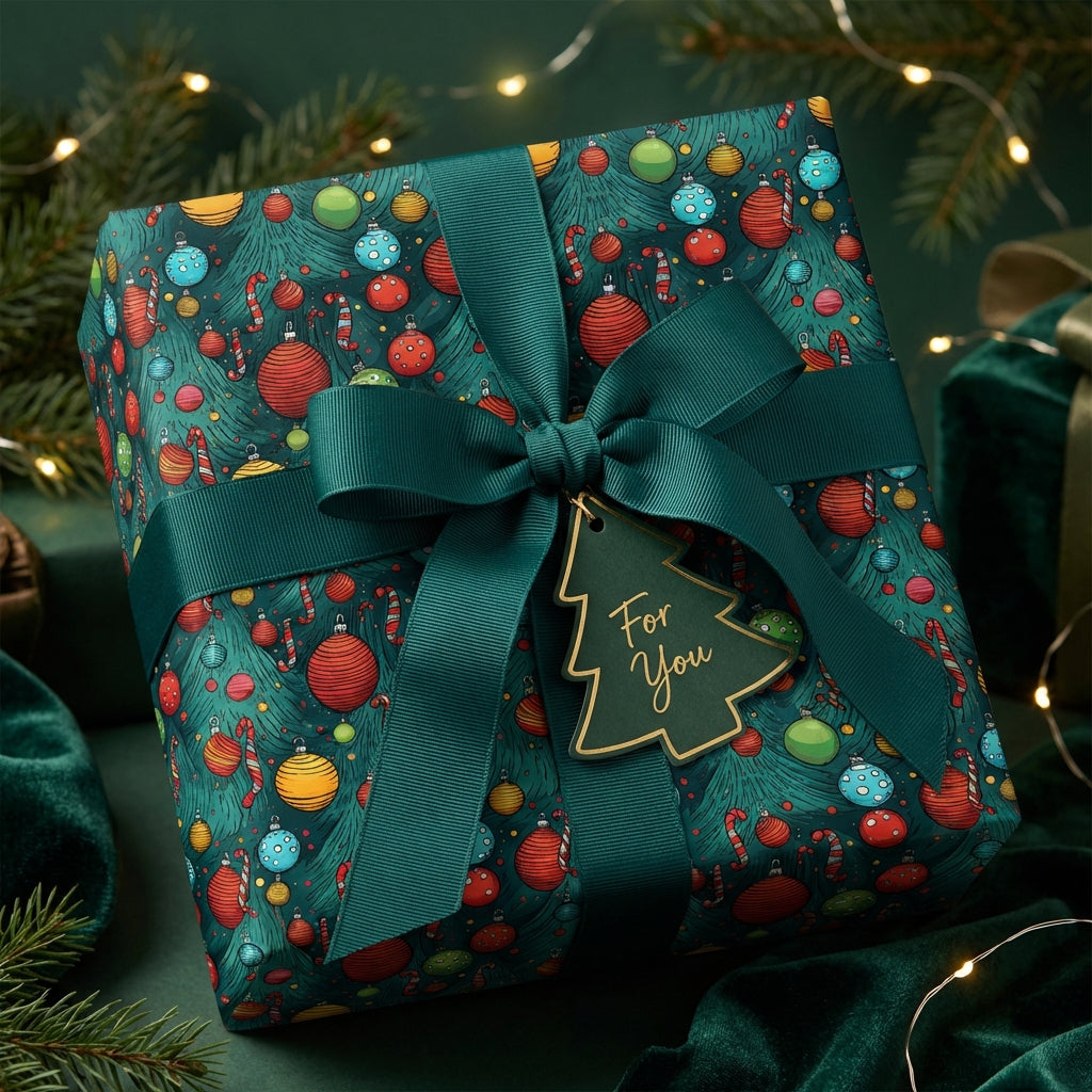 Wrapped present in green Christmas tree & ornament patterned wrapping paper. Dark green ribbon and "For You" tag.