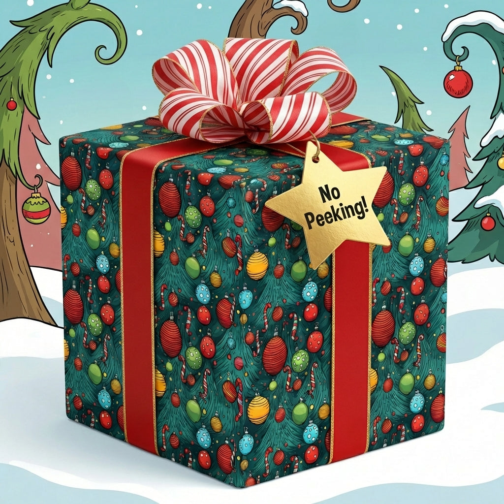 Fun Christmas gift wrapped in festive ornament-patterned paper with a red ribbon and "No Peeking!" tag.