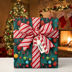 Christmas gift with festive ornament wrapping paper, striped ribbon, and "From Santa" tag.