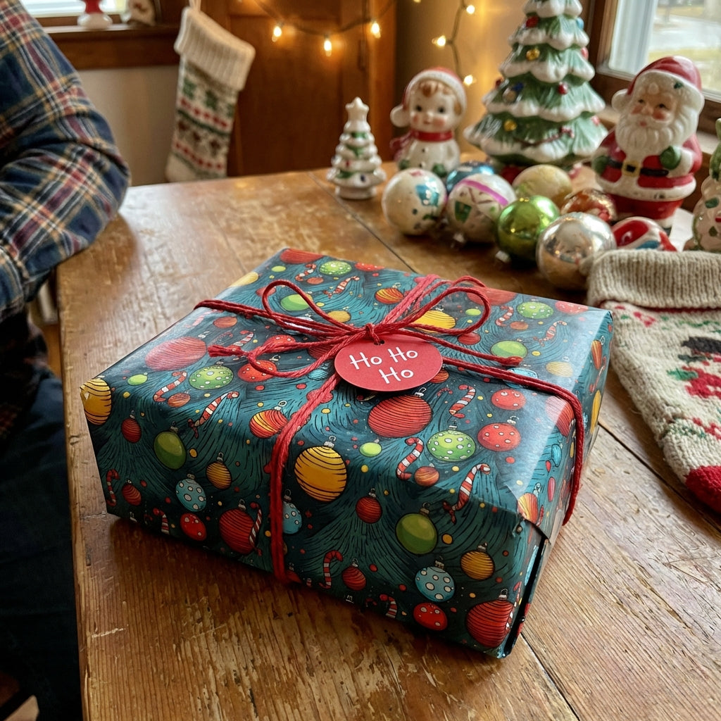Square gift box in cute ornament pattern Christmas wrapping paper, tied with red twine and a "Ho Ho Ho" tag.