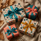 Gifts wrapped in floral wrapping paper with teal and gold ribbons on a rustic table setting.