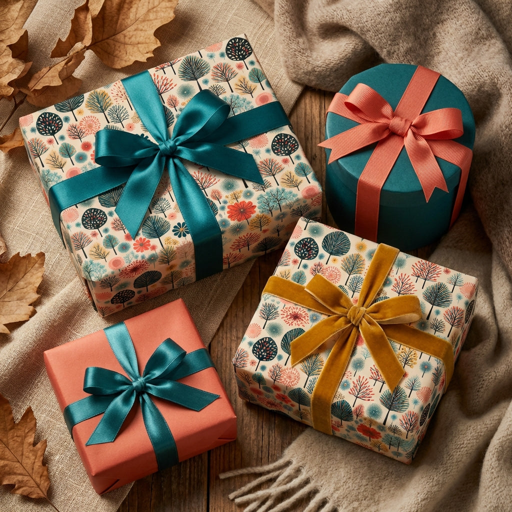 Gifts wrapped in floral wrapping paper with teal and gold ribbons on a rustic table setting.