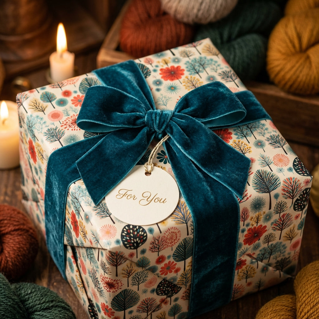 Gift wrapped in floral wrapping paper with blue velvet ribbon. "For You" tag attached.