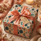 Modern floral wrapping paper from Wrapped Studios. Gift with pink ribbon and "With Love" tag.