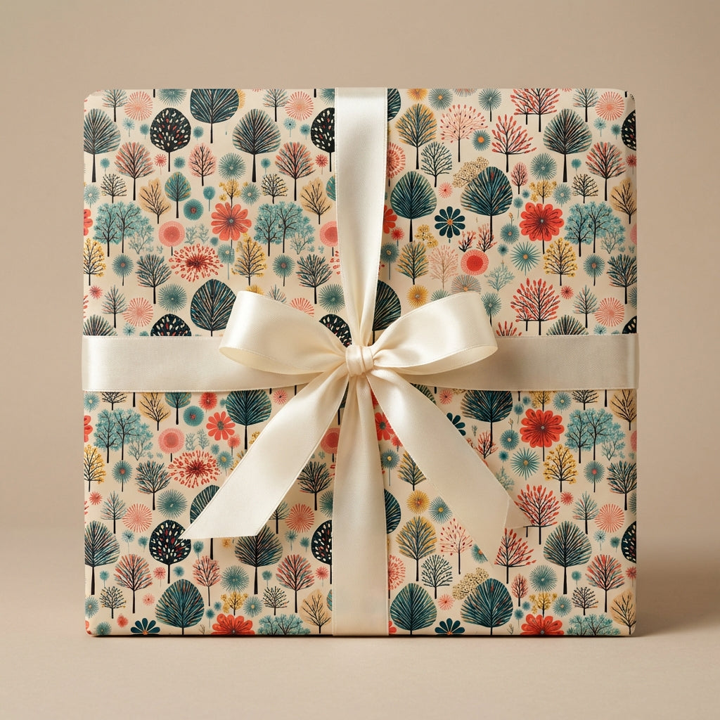Wrapped gift in elegant floral wrapping paper with cream ribbon bow from Wrapped Studios.