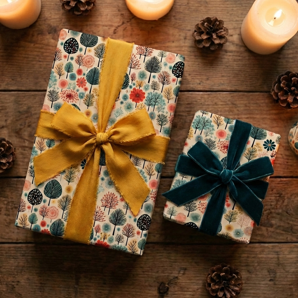 Floral wrapping paper with mustard ribbon and teal velvet bow on wood table.