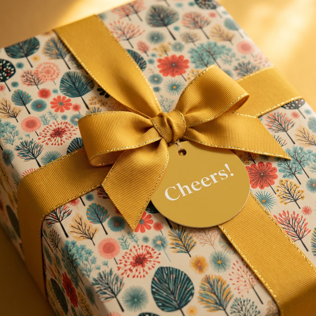 Modern floral birthday wrapping paper with gold ribbon & "Cheers!" tag by Wrapped Studios.