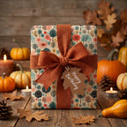 Fall birthday wrapping paper with floral tree design and burlap ribbon bow.