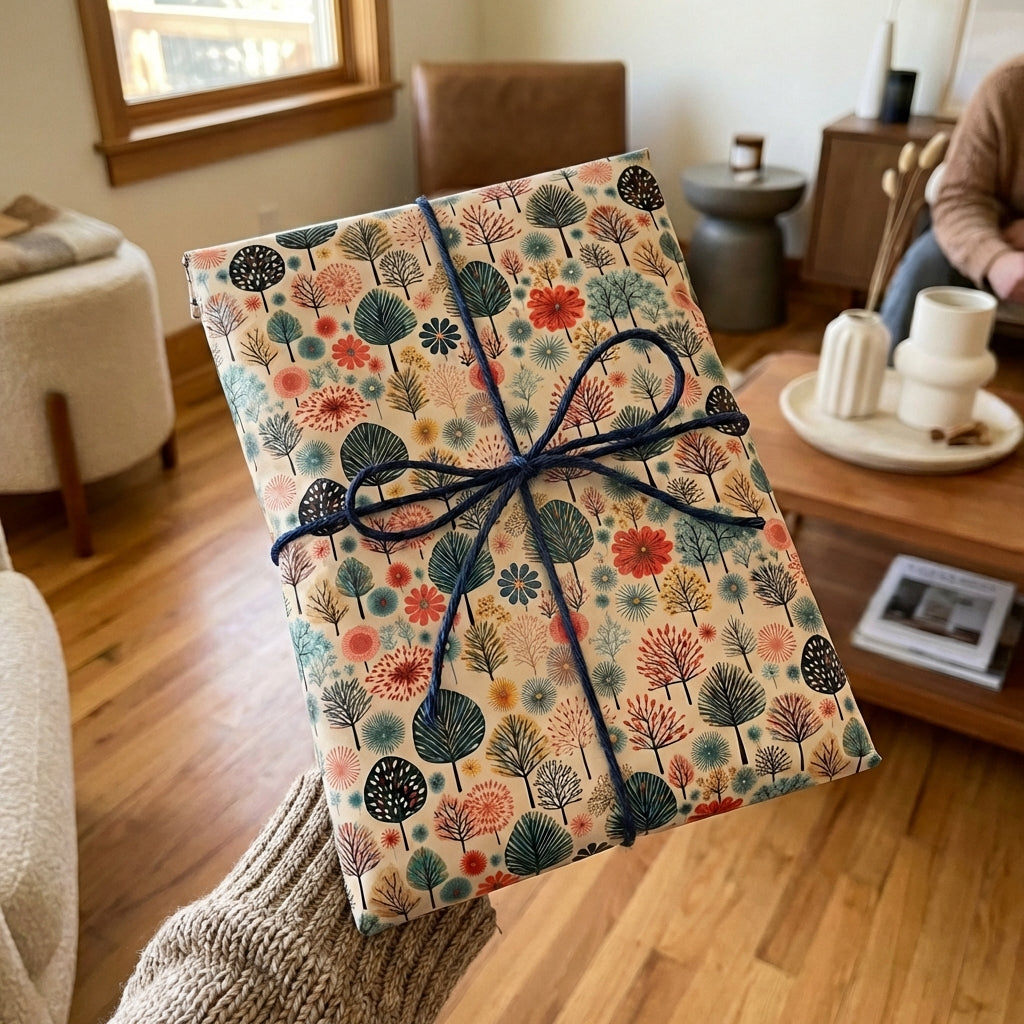 Hand holding a gift wrapped in floral wrapping paper with navy twine. Wrapped Studios.