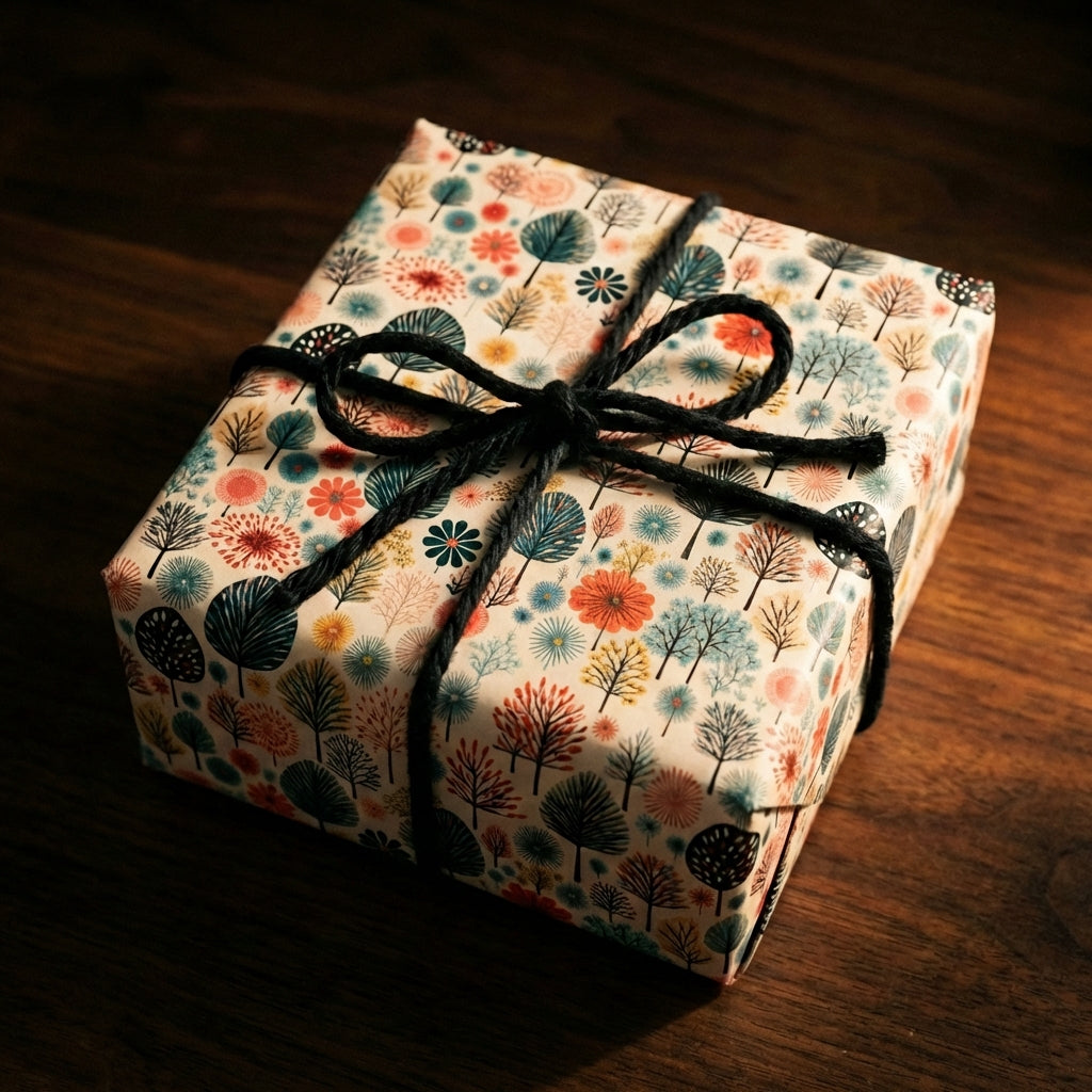 Retro floral wrapping paper on a square gift box with black string bow.