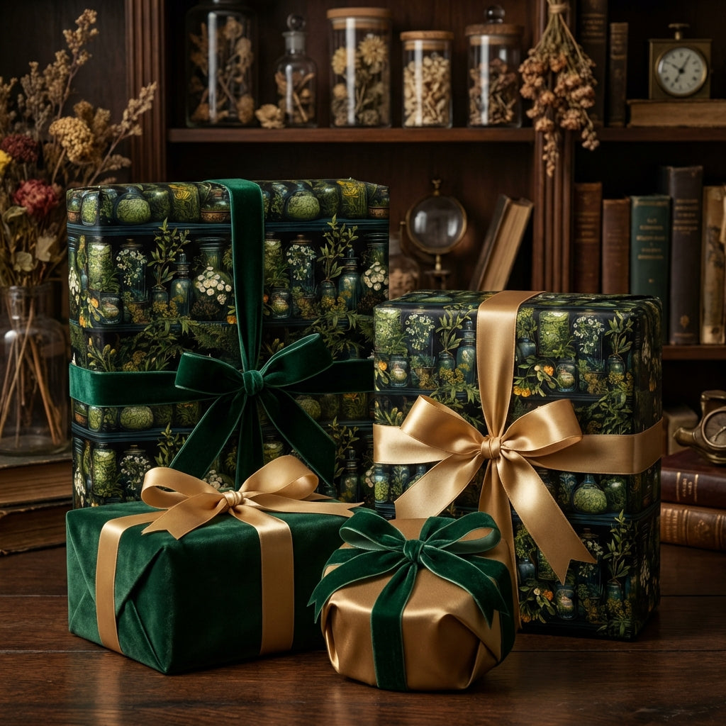 Elegant gifts wrapped in botanical pattern paper with velvet and gold ribbon bows.