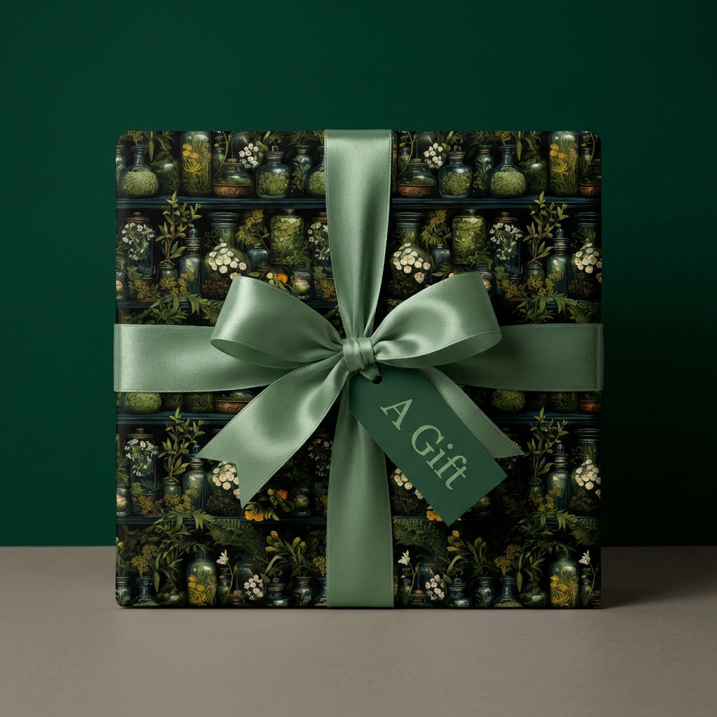 Square gift wrapped in botanical herb and jar wrapping paper with a matching satin ribbon and gift tag.