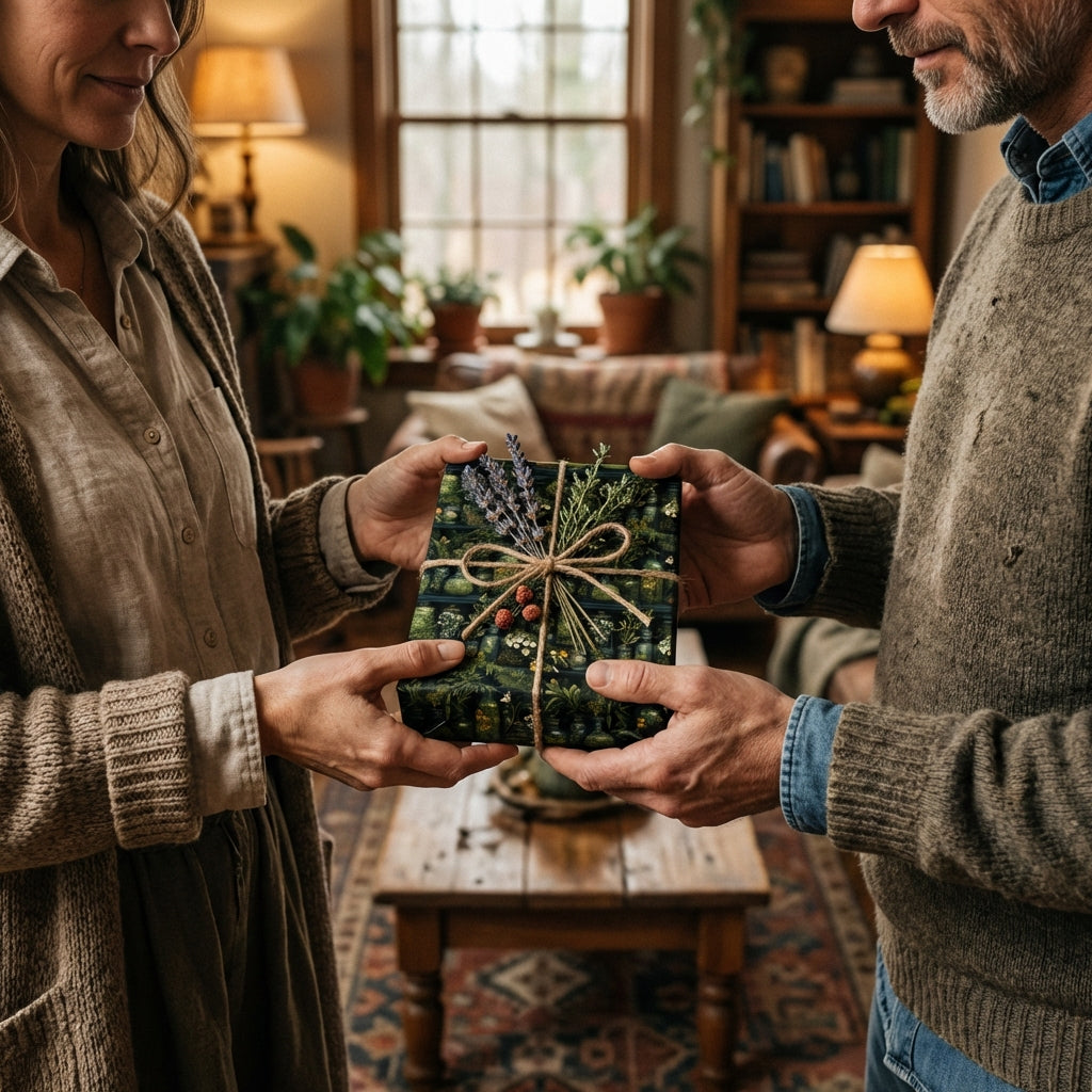 Giving a gift wrapped in botanical print wrapping paper and tied with rustic twine.