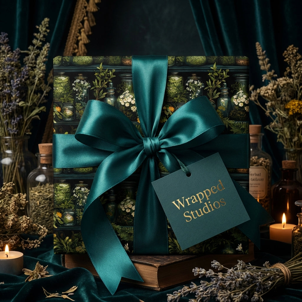 Luxury botanical wrapping paper with teal ribbon, Wrapped Studios.
