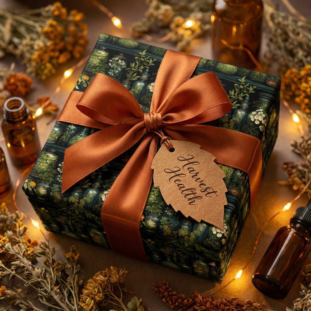 Dark floral wrapping paper featuring herbs in jars, tied with a bronze satin ribbon and a kraft paper tag.