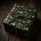 Rustic gift wrap featuring a vintage-inspired botanical jars pattern, tied with black and twine rope.