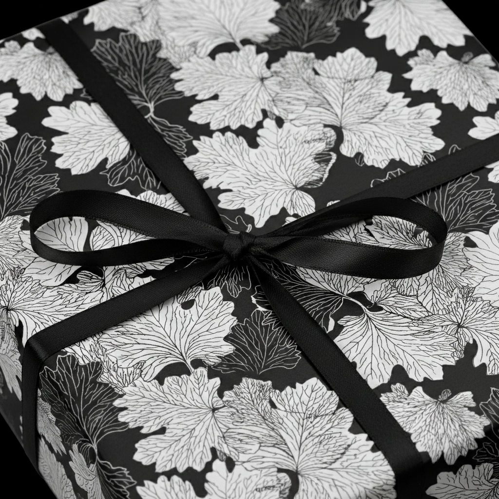 Elegant gift wrapped in black and white floral wrapping paper with a classic black ribbon bow.