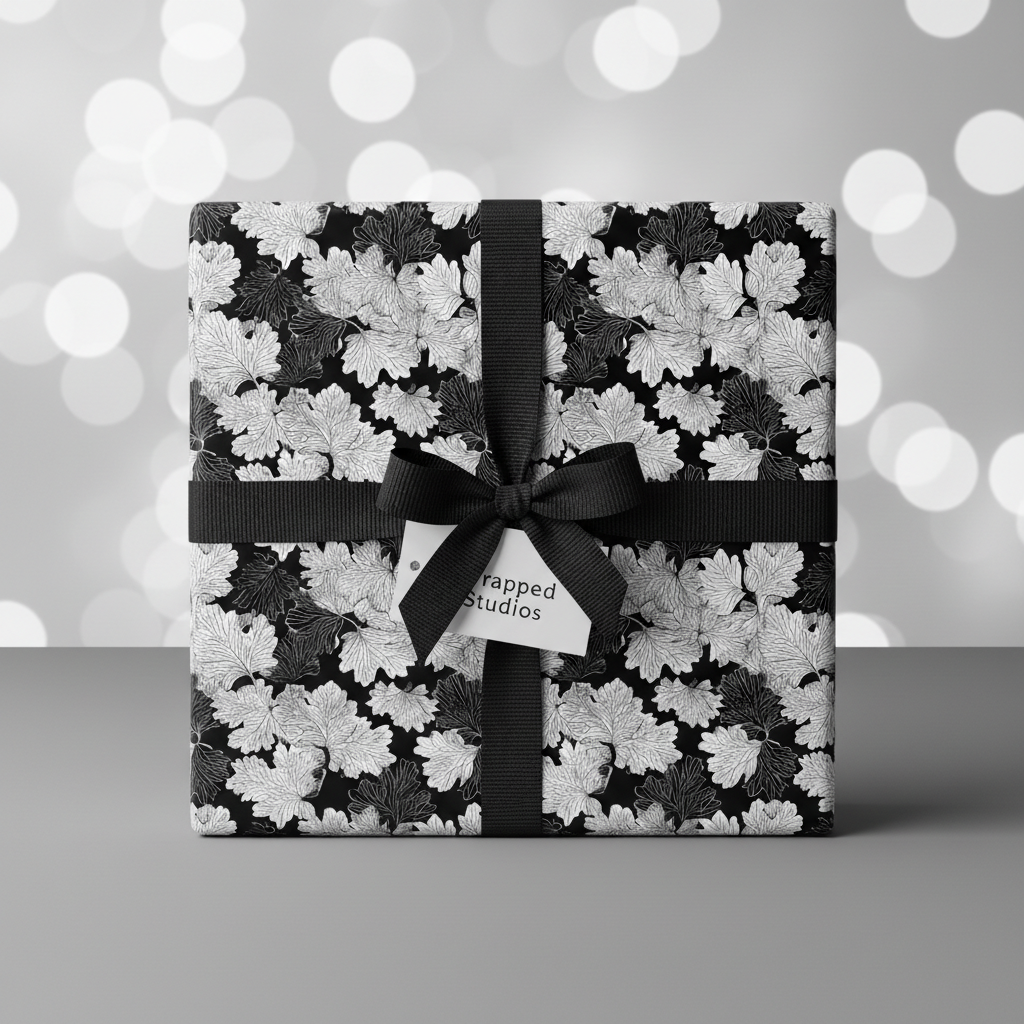 Elegant gift box wrapped in black and white floral wrapping paper with a satin ribbon bow.