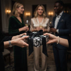 Hands exchanging a gift wrapped in luxury floral wrapping paper with a large black satin bow.