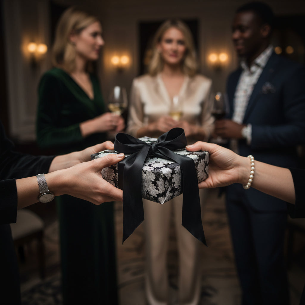 Hands exchanging a gift wrapped in luxury floral wrapping paper with a large black satin bow.