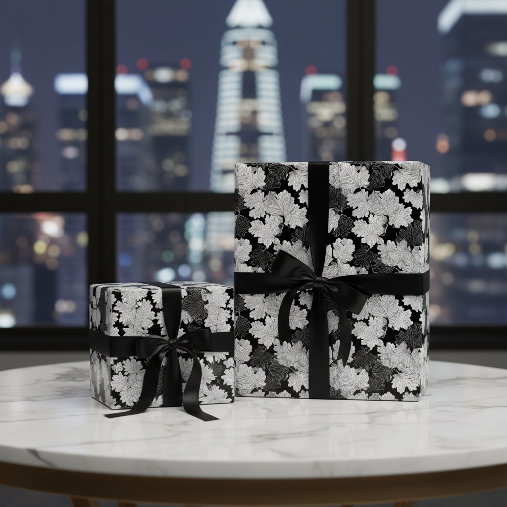 Two elegant gifts wrapped in black & white leaf-patterned paper with black satin ribbons, city skyline background.