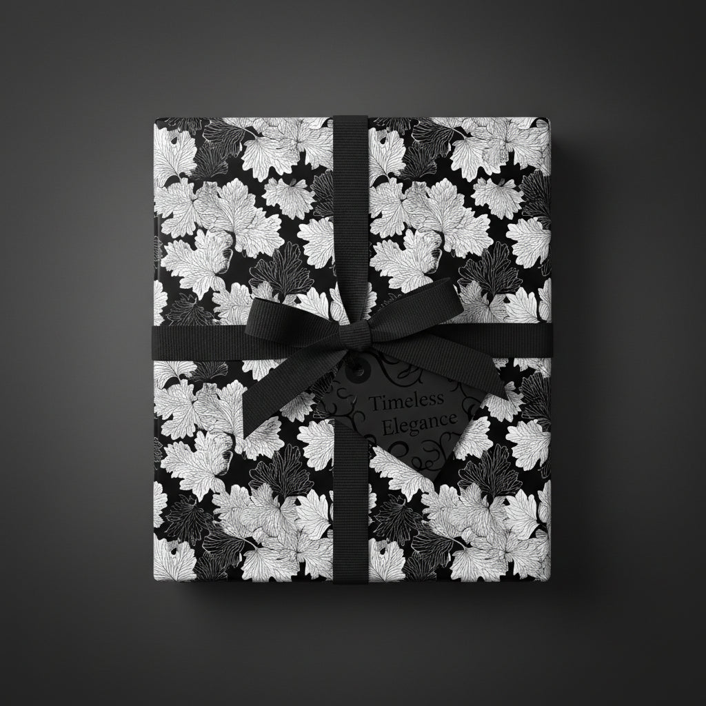 Elegant gift box in black floral wrapping paper with a matching ribbon and "Timeless Elegance" tag.