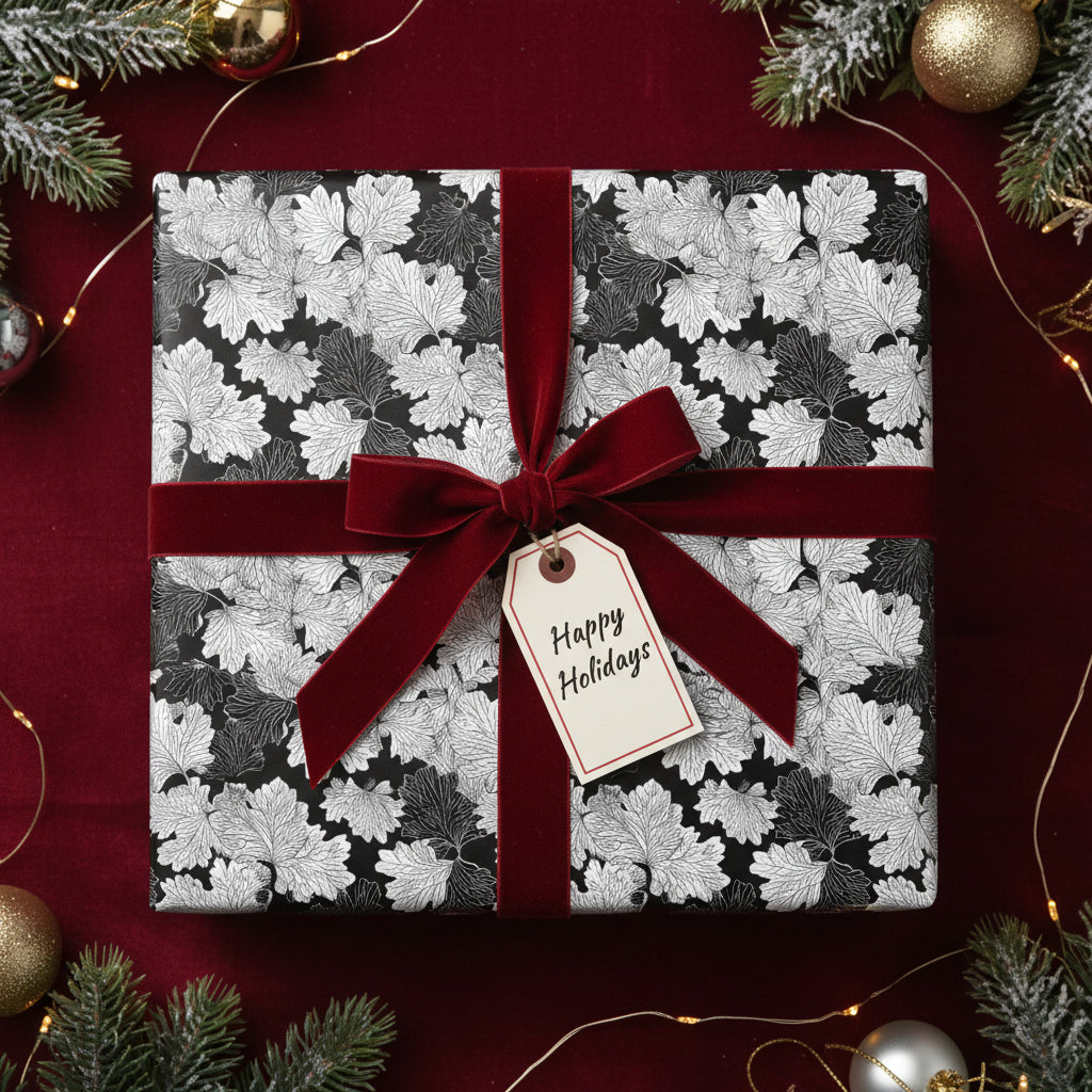 Elegant Christmas gift wrapped in black and white floral paper with a red velvet ribbon.