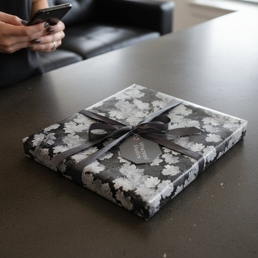 Square gift wrapped in black floral wrapping paper with a charcoal ribbon and tag.