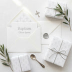 Elegant silver cross baptism wrapping paper and christening gift wrap on presents by Wrapped Studios.