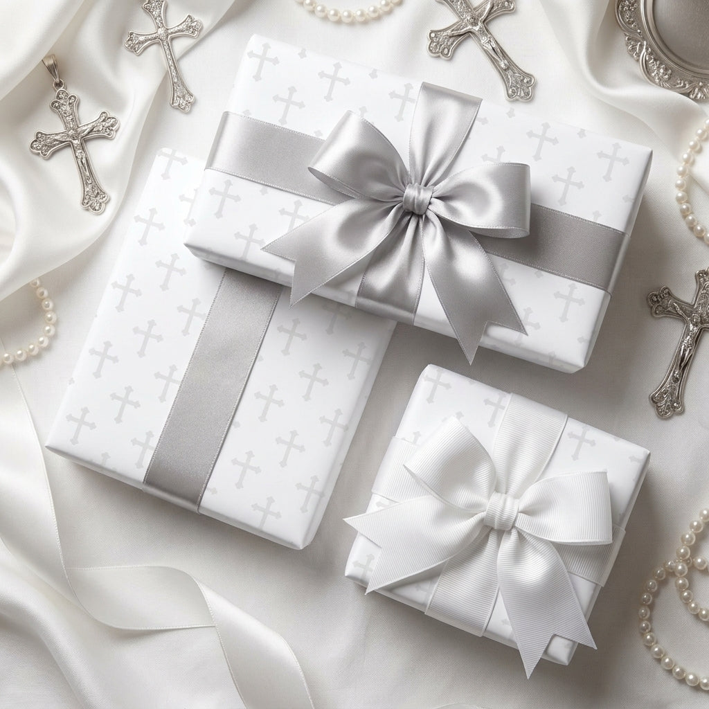 Elegant baptism wrapping paper with silver cross pattern and satin bows by Wrapped Studios.