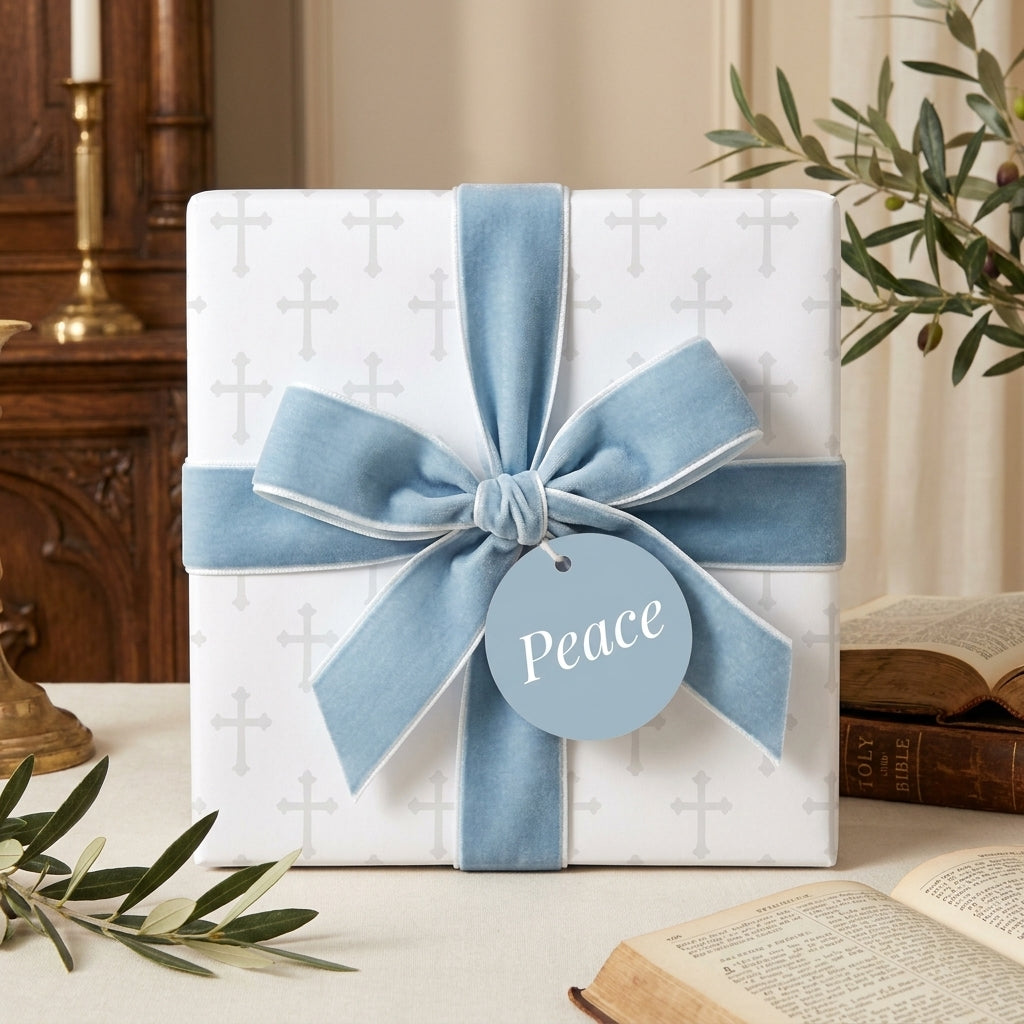 Christian cross baptism wrapping paper with blue velvet ribbon, elegant religious gift wrap by Wrapped Studios.
