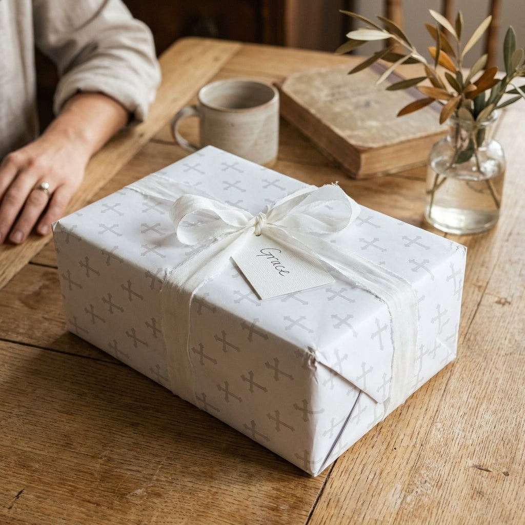 Baptism wrapping paper with a grey cross pattern, white ribbon, and gift tag by Wrapped Studios.