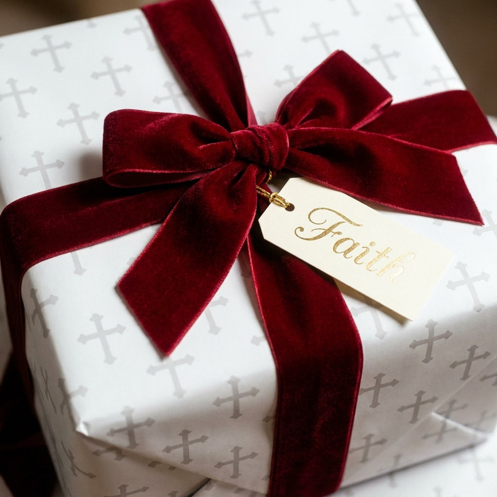Religious cross wrapping paper with luxury burgundy velvet ribbon and Faith gift tag by Wrapped Studios.