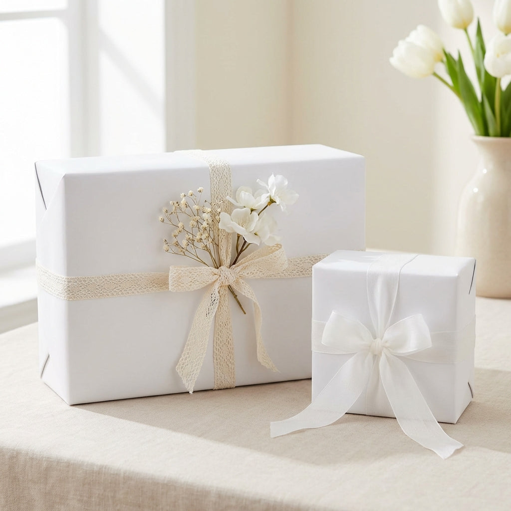 Two white gift boxes with decorative ribbons on a light surface.