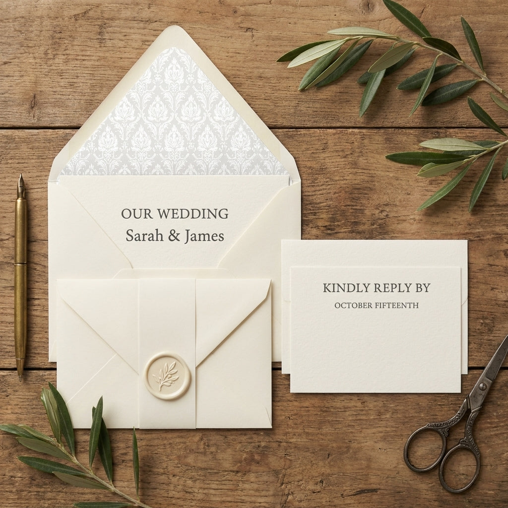 Luxury cream wedding invitations with damask liner and olive branch wax seal on wood by Wrapped Studios.