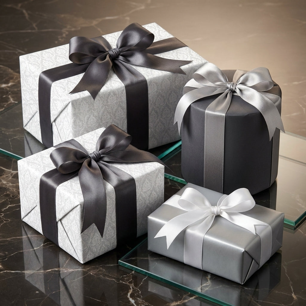 Elegant silver damask and gray luxury wrapping paper with satin ribbons by Wrapped Studios.