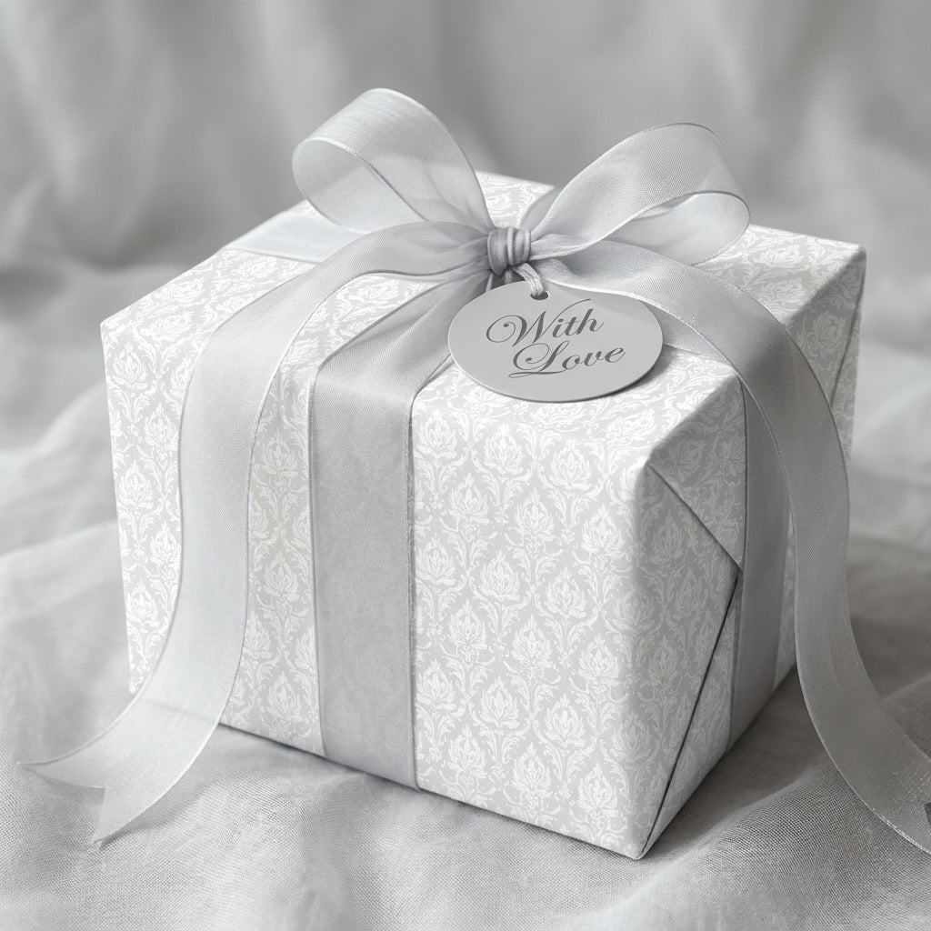 Luxury white damask wedding wrapping paper with a silver bow and tag by Wrapped Studios.