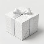 Elegant white damask wedding wrapping paper with a satin bow, luxury gift wrap by Wrapped Studios.