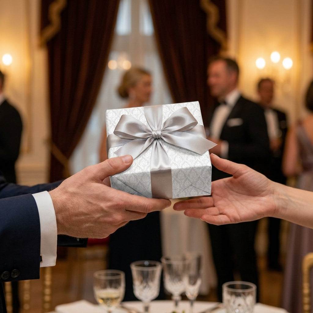 Luxury silver wedding wrapping paper on a gift box with satin bow, being handed to a guest. By Wrapped Studios.