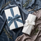 Luxury white damask wrapping paper with elegant velvet and satin bows by Wrapped Studios.