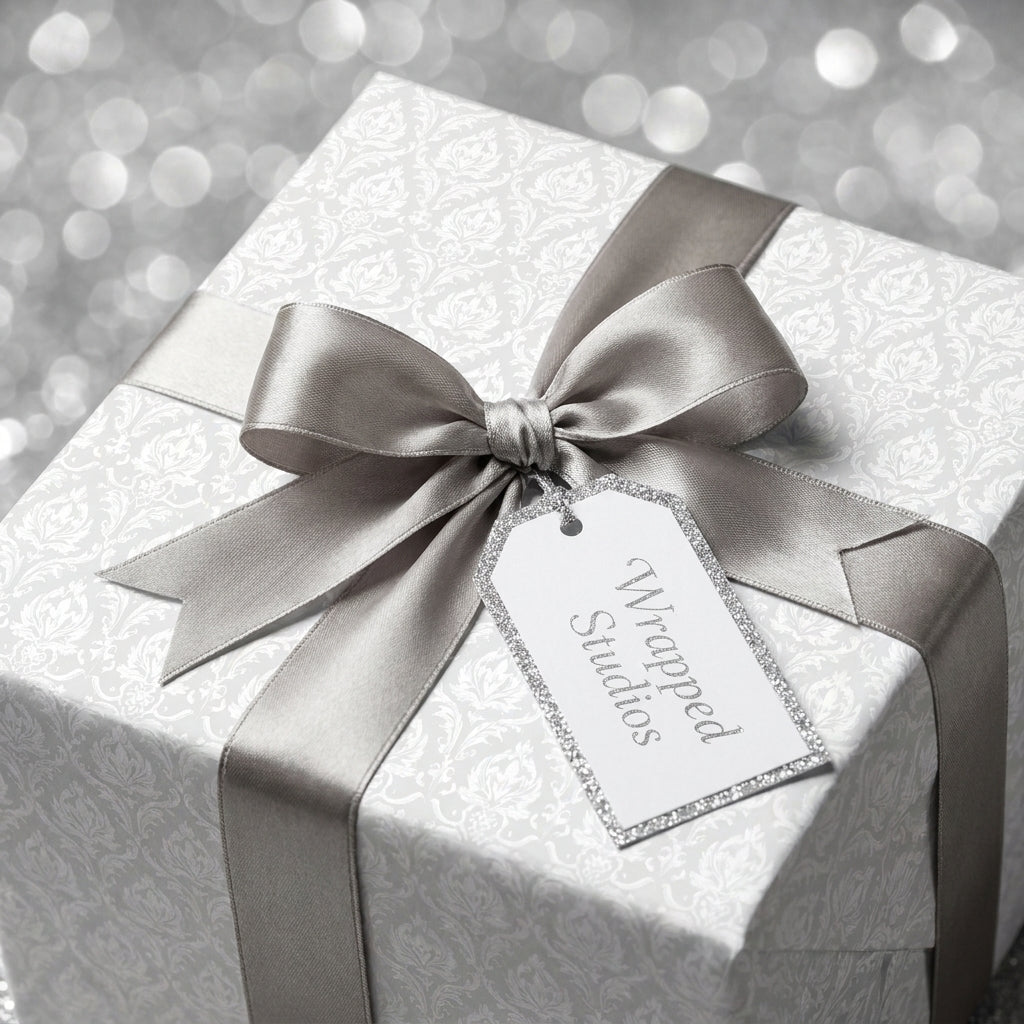 Elegant white and silver damask luxury gift wrap with satin ribbon bow by Wrapped Studios.